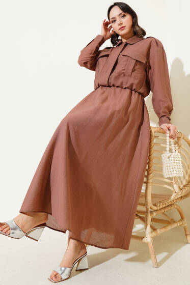 Çift Cepli Fermuarlı Etekli İkili Takım Kahve - İkili Takım