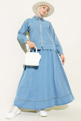 Çift Cepli Fermuarlı Etekli Kot Takım Açık Mavi - TEGOE