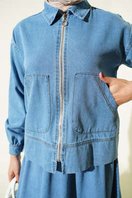 Çift Cepli Fermuarlı Etekli Kot Takım Açık Mavi - İkili Takım