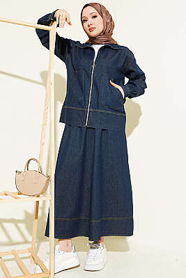 Çift Cepli Fermuarlı Etekli Kot Takım Lacivert - TEGOE