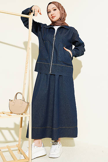 Çift Cepli Fermuarlı Etekli Kot Takım Lacivert - İkili Takım