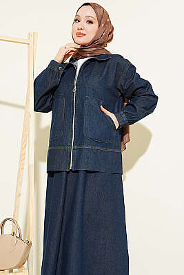 Çift Cepli Fermuarlı Etekli Kot Takım Lacivert - İkili Takım