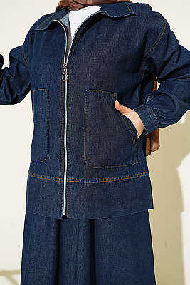 Çift Cepli Fermuarlı Etekli Kot Takım Lacivert - İkili Takım