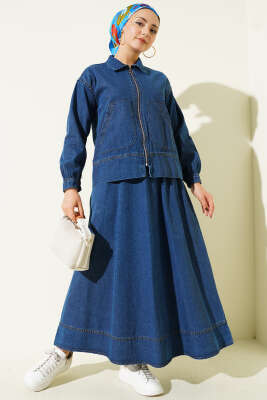 Çift Cepli Fermuarlı Etekli Kot Takım Mavi - TEGOE