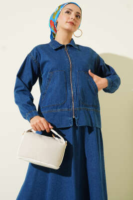 Çift Cepli Fermuarlı Etekli Kot Takım Mavi - İkili Takım