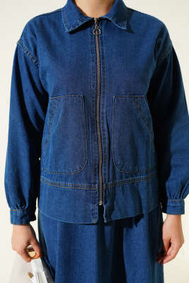 Çift Cepli Fermuarlı Etekli Kot Takım Mavi - İkili Takım