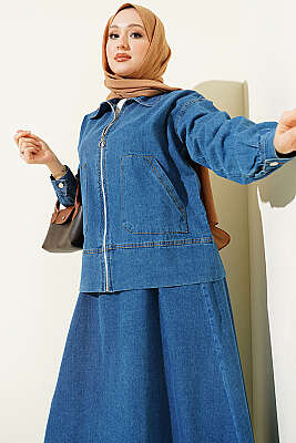 Çift Cepli Fermuarlı Etekli Kot Takım Mavi - TEGOE