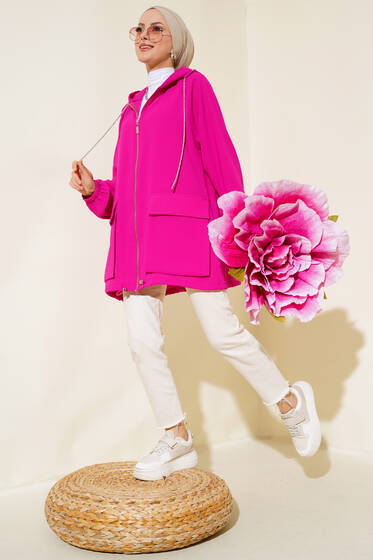 Çift Cepli Fermuarlı Hırka Fuşya - Hırka