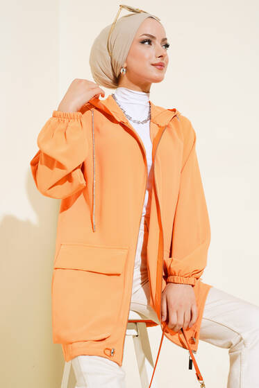 Çift Cepli Fermuarlı Hırka Oranj - Hırka