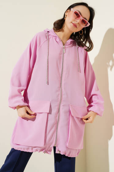 Çift Cepli Fermuarlı Hırka Pudra - Hırka