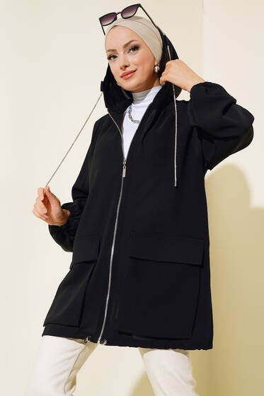 Çift Cepli Fermuarlı Hırka Siyah - Hırka