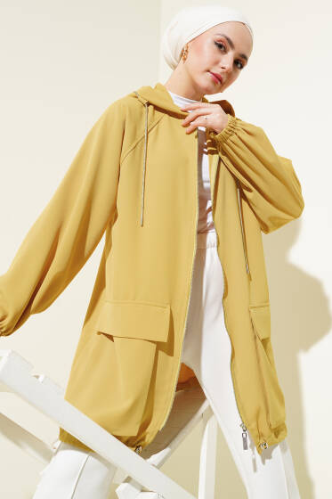 Çift Cepli Fermuarlı Hırka Yağ Yeşili - Hırka