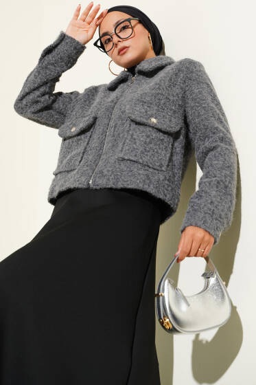 Çift Cepli Fermuarlı Kısa Ceket Füme - Ceket