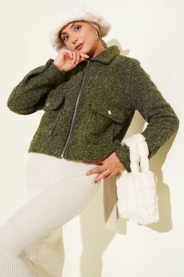 Çift Cepli Fermuarlı Kısa Ceket Haki - Ceket