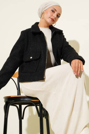 Çift Cepli Fermuarlı Kısa Ceket Siyah - Ceket