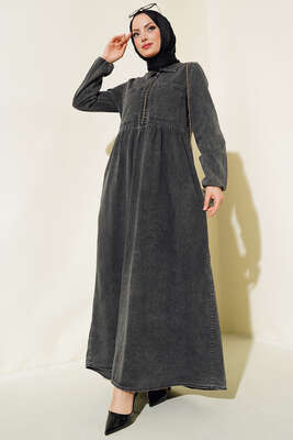 Çift Cepli Fermuarlı Kot Elbise Füme 