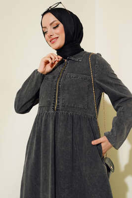 Çift Cepli Fermuarlı Kot Elbise Füme - Tesettür Elbise