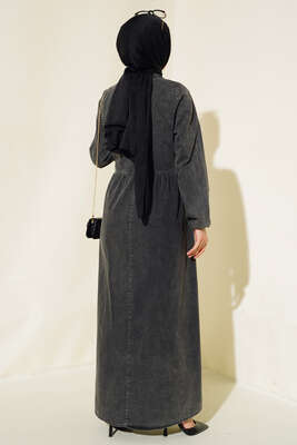 Çift Cepli Fermuarlı Kot Elbise Füme - Tesettür Elbise