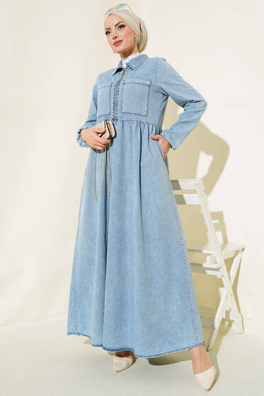 Çift Cepli Fermuarlı Kot Elbise Kot Mavisi - Elbise