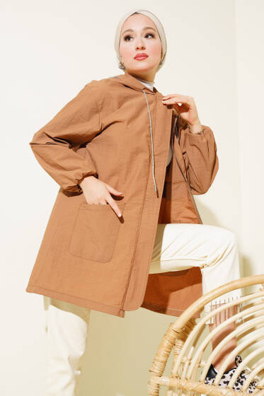 Çift Cepli Gizli Fermuarlı Kap Camel - Dış Giyim&Mont