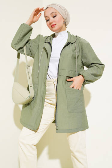 Çift Cepli Gizli Fermuarlı Kap Haki - Dış Giyim&Mont