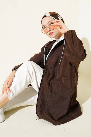 Çift Cepli Gizli Fermuarlı Kap Kahve - Dış Giyim&Mont