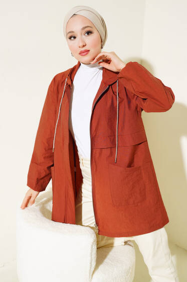 Çift Cepli Gizli Fermuarlı Kap Kiremit - Dış Giyim&Mont