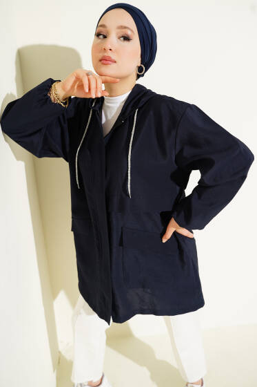 Çift Cepli Gizli Fermuarlı Kap Lacivert - Dış Giyim&Mont