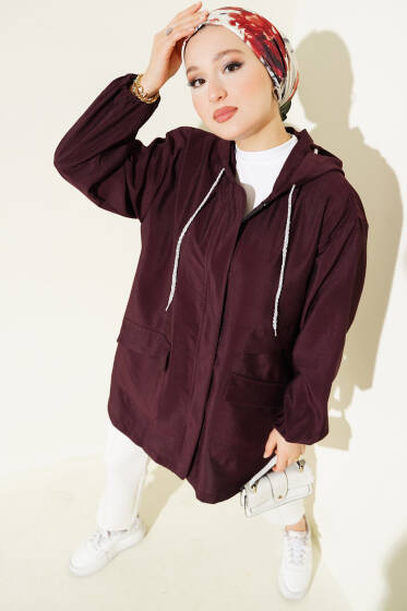 Çift Cepli Gizli Fermuarlı Kap Mürdüm - Dış Giyim&Mont