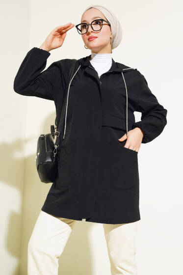Çift Cepli Gizli Fermuarlı Kap Siyah - Dış Giyim&Mont