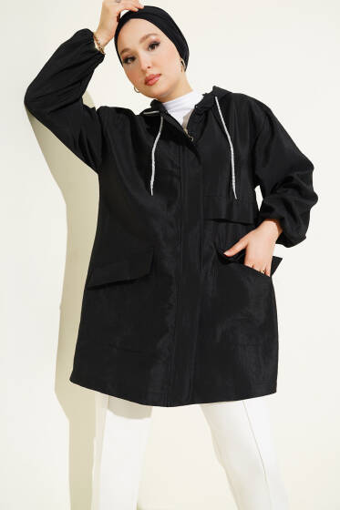 Çift Cepli Gizli Fermuarlı Kap Siyah - Dış Giyim&Mont