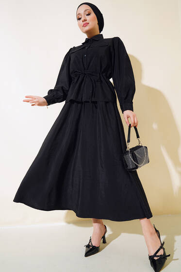 Çift Cepli İkili Etek Takım Siyah - İkili Takım