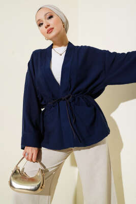Çift Cepli İp Bağlamalı Kimono Lacivert 