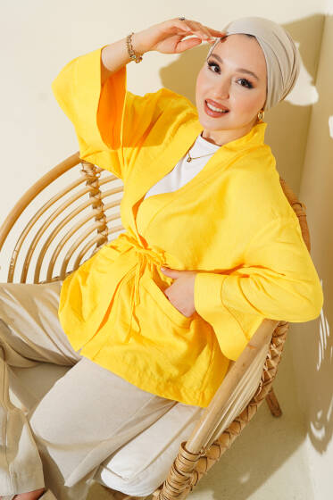 Çift Cepli İp Bağlamalı Kimono Sarı - Dış Giyim&Mont