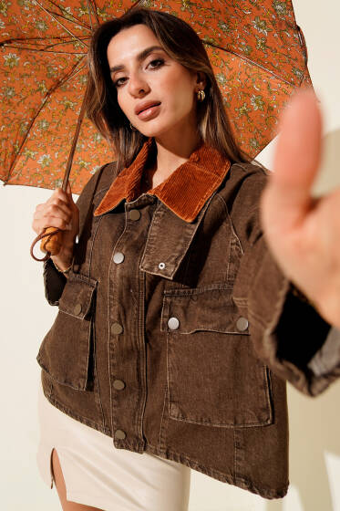 Çift Cepli Kadife Yaka Ceket Kahve - Kadın Giyim Modelleri