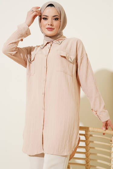 Çift Cepli Kapağı Taşlı Gömlek Bej - Gömlek