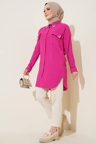 Çift Cepli Kapağı Taşlı Gömlek Fusya - Gömlek