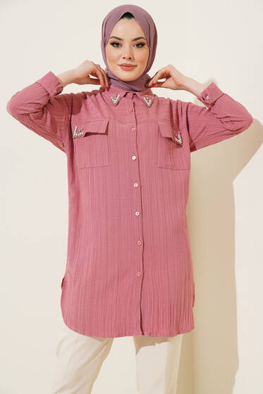 Çift Cepli Kapağı Taşlı Gömlek Gül Kurusu - Gömlek