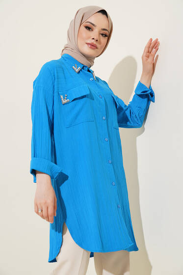 Çift Cepli Kapağı Taşlı Gömlek Mavi - Gömlek