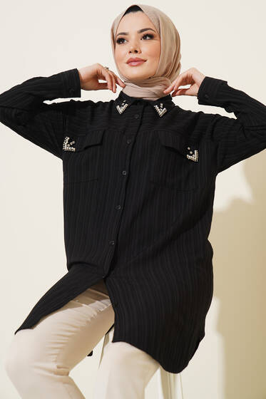 Çift Cepli Kapağı Taşlı Gömlek Siyah - Gömlek