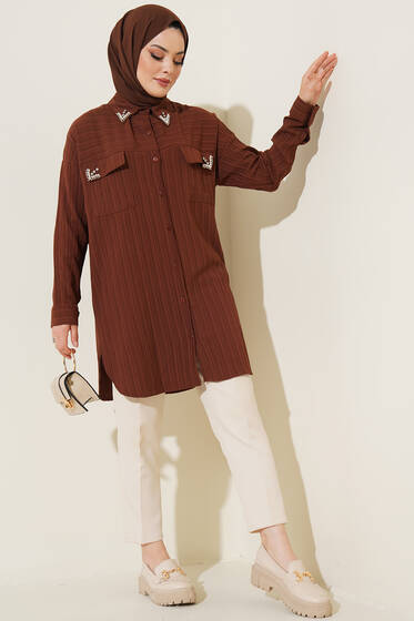Çift Cepli Kapağı Taşlı Gömlek Kahve - Gömlek