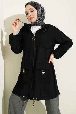 Çift Cepli Kapüşonlu Kap Siyah - VAV TEKSTİL