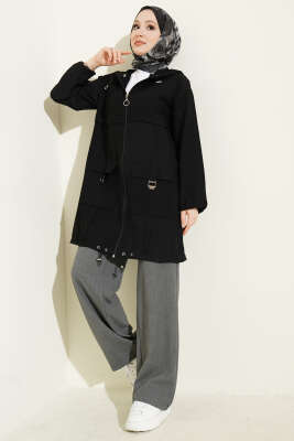 Çift Cepli Kapüşonlu Kap Siyah - Dış Giyim&Mont