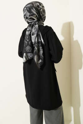 Çift Cepli Kapüşonlu Kap Siyah - Dış Giyim&Mont