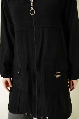 Çift Cepli Kapüşonlu Kap Siyah - Dış Giyim&Mont