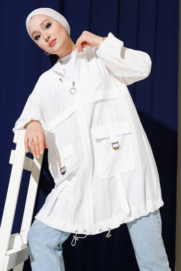 Çift Cepli Kapüşonlu Kap Beyaz - Dış Giyim&Mont