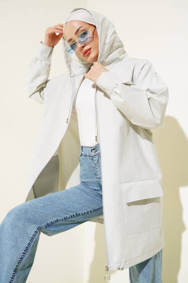 Çift Cepli Kapüşonlu Kap Gri - Trençkot