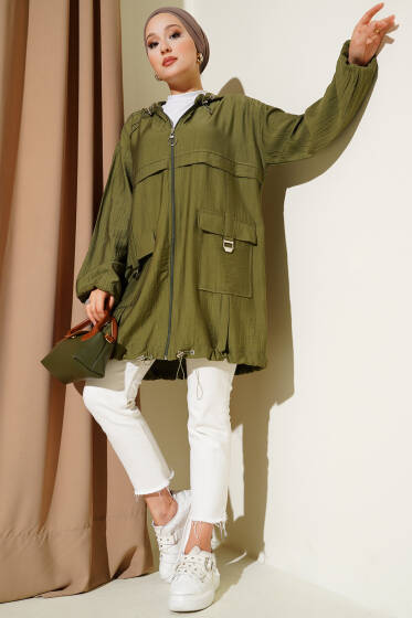 Çift Cepli Kapüşonlu Kap Haki - Dış Giyim&Mont