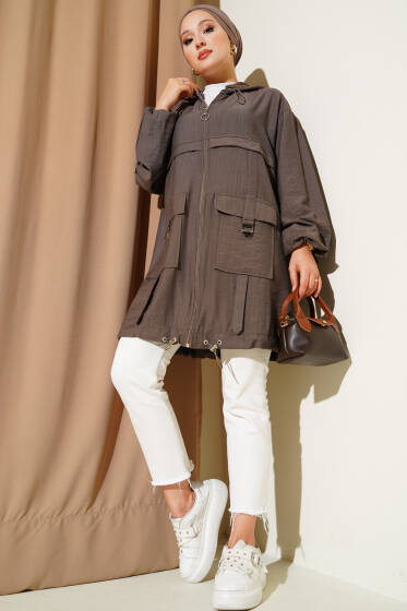Çift Cepli Kapüşonlu Kap Kahve - Dış Giyim&Mont