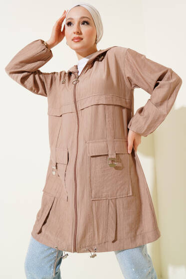 Çift Cepli Kapüşonlu Kap Latte - Dış Giyim&Mont